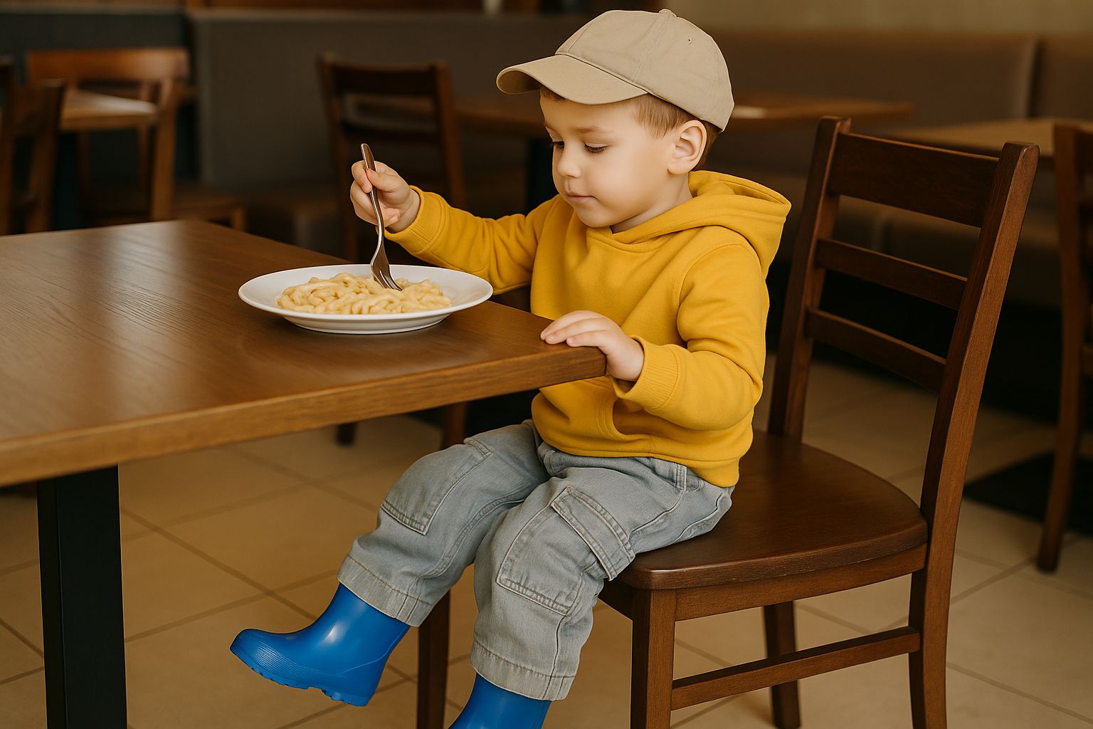 Junges Mädchen in Baggy Jeans und rosa Oberteil sitzt lächelnd im Restaurant.